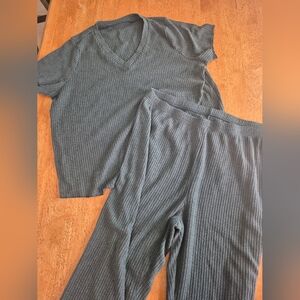 Teal Green Blue Ribbed V-Neck Top and Pants Pajama Set